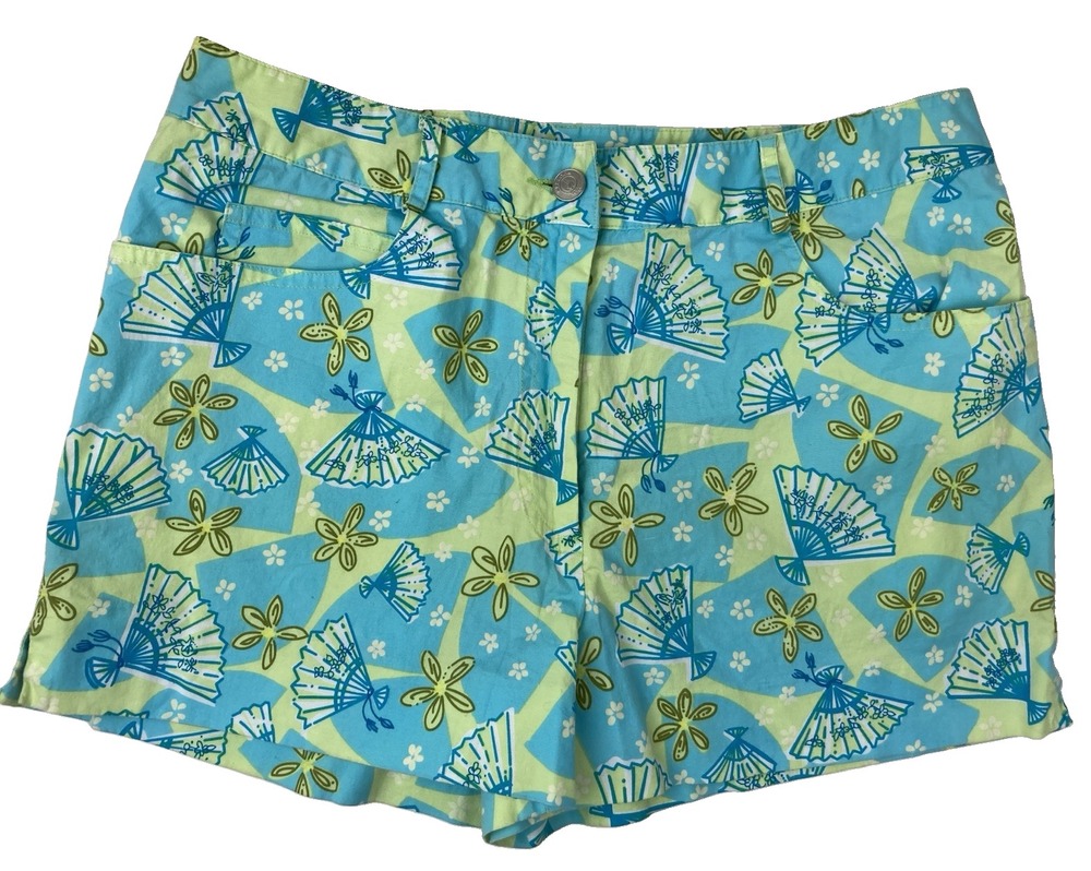 Vintage Lilly Pulitzer Shorts Women's Size 4 Blue Yellow Green Fan Print EUC